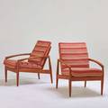Morredi pair of lounge chairs denmark 1960s sculpted teak canvas branded 31 x 25 x 31
