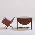 Rastad og relling rasmus solberg walnut bookstand and teak sewing stand with leather basket and revolving plastic tray norway 1960s sewing stand marked and dated larger 17 x 23 12 dia