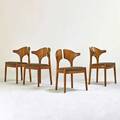 Danish four side chairs 1980s sculpted teak upholstery unmarked 32 x 23 x 20