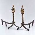 Andirons pair with decorative bronze spirals 20th c unmarked each 20 x 10 x 21