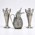 Christofle etc pair of pewter vases with four stems decorated with beetles and metal pitcher in the shape of a duck early 20th c vases stamped with rooster and numbered pitcher stamped brunswic