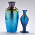 Durand attr threaded baluster vase together with tiffanystyle blue vase ca 1920 both unmarked taller 12 x 4 12 dia