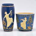 Weller blue and decorated planter and vase both depicting maidens zanesville oh first quarter of 20th c both with impressed marks taller 10