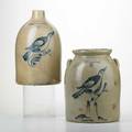 Fulper two stoneware vessels with bird motifs flemington nj early20th c bluedecorated saltglazed earthenware both marked taller 13 12