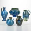 Fulper five pieces flemington nj ca 19101928 ewer horned vase urn baluster vase and pitcher all in chinese blue or crystalline glazes all marked tallest 11