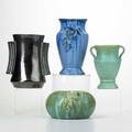 Fulper three vases and bowl two with applied floral decoration flemington nj ca 19221928 glazed earthenware racetrack marks tallest 8 34