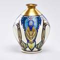 American satsuma enamel and gilt decorated vase with stylized peacocks ca 1920 marked with illegible signature 9 x 5 14 dia