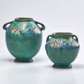 Roseville two green baneda twohandled bulbous vases zanesville oh 1933 one with foil label taller 8 14