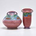 Roseville two pink baneda vases zanesville oh 1933 both with foil labels taller 7 14