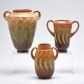 Roseville three brown falline twohandled vases two brown one blue zanesville oh 1933 one with foil sticker tallest 8 12