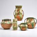 Roseville weller four roseville vases three jonquil vases and one dalhrose vase together with weller roma vase zanesville oh 20th c all unmarked tallest 9 12