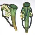 Roseville two green dogwood ii wall pockets zanesville oh 1922 both unmarked larger 9 12