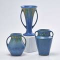 Roseville three blue windsor pieces two twohandled cabinet vases and one twohandled trumpet vase zanesville oh 1931 one with foil label tallest 7 14