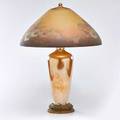 Jefferson iridescent table lamp with jefferson chipped ice glass shade reverse painted with floral decoration married to newer ceramic base with iridescent glaze and patinated aluminum fittings chi