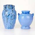 Fulper two pieces flemington nj ca 19281935 glazed earthenware threehandled vase with cast floral decoration together with crystalline glaze and stippled surface lamp base horizontal diesta