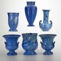 Fulper six vases flemington nj ca 19281935 glazed earthenware three in blue crystalline glaze horizontal diestamped marks tallest 10 14