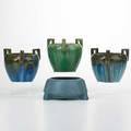 Fulper four vessels flemington nj ca 1910s1920s three jardinires one footed bowl glazed earthenware two racetrack marks two rectangular ink marks tallest 4 12