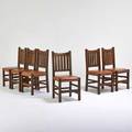 Arts and crafts set of six contemporary side chairs with vertical backslats later 20th c quartersawn oak vinyl unmarked each 39 34 x 18 12 x 17 14