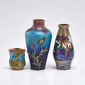 Bacs pierrefonds eugene baudin three cabinet vases france early 20th c bacs miniature vase painted with landscape pierrefonds miniature vase with gilt bronze leaves eugene baudin cabinet vase