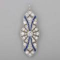 Art deco diamond and sapphire platinum pendant geometric open design centers oec diamond approx 50 ct bead set smaller diamonds and calibre cut sapphire channels ca 1920 approx 288 cts tw
