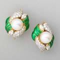 Diamond and pearl enameled 18k gold earrings circular cut diamonds and translucent green enamel swirl around cultured saltwater pearl 89 mm and marquise cut diamonds approx 2 cts tw clip back