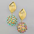 Ruven perelman jeweled 18k gold earrings leafshaped surmounts suspend jeweled sphere one multi gem one turquoise ca 1965 omega backing for pierced ears 2 14 sphere 78 282 dwt