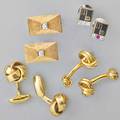 Three pairs gold cufflinks and two tie tacks 18k yg fixed bar double knots 14k gold hinged knots 14k textured rectangles and central diamonds two 14k wg and yg studs with diamonds marked mb 3