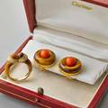 Cartier 18k yellow gold tigers eye jewelry disk ear clips with coral beads 22705 marked cartier 34 in box twin bead ring with diamond trim french control marks and cartier maker mark size