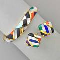 Asch grossbart inlaid gold bracelet and earrings geometric mosaic with mother of pearl turquoise coral lapis onyx and malachite and diamond accents on hinged bangle 7 coordinating square earri