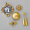Antique gold jewelry dished agate cameo depicts bacchanalian dancers quartered by scroll incised volutes revised bracelet ornament ca 1850 precisely granulated spherical brooch and drop earrings