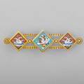 Victorian micromosaic 18k gold brooch three fine polished panels depict swans swimming and a dove separated by rosettes granulated bar with coil cut wire glazed chamber obverse 2 12 x 34 76
