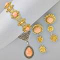 Coral and gold jewelry victorian bloomed 14k gold florentine style bracelet of cabochon coral and button pearls on granulated links 7 necklace en suite with teardrop coral fj cooper phil 18k