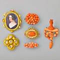 Six victorian brooches includes coral carved figural coral girandole brooch two postset coral button cluster brooches 14k gold brooch with coral and cannetille 14k gold hollow quatrefoil leaf bro