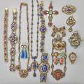 Renaissance revival silver jewelry collection 20 items with garnet coral lapis turquoise amethyst citrine or glass four necklaces crucifix with green beryls and pearls two pairs earrings two