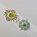 Two jeweled gold cluster rings emerald and sapphire oval cluster framed by channel of fine calibre cut sapphires platinumtopped 18k yg size 6 12 omc rose cut diamonds approx 2 cts tw and r
