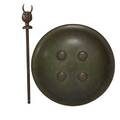 Persian shield and scepter shield in brass with raised decoration on green ground scepter in iron with figural top and niello decoration 19th20th c shield 22 dia