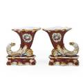 Pair of french old paris cornucopia vases griffin head decoration gilt highlights19th c 8