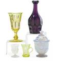 American decorative glass five items 19th c pittsburgh style deep amethyst decanter vaseline celery holder and handled cup opalescent covered sugar bowl and cordial bottle 10 58