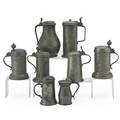Pewter lidded tankards eight some dated 1792 1807 1812 or 1818 two with english hallmarks others unmarked tallest 10 14