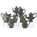 American pewter coffee pots and water jugs eight 19th c by various makers including smith  co boston ja stimpson baltimore wms matthews woodbury  colton philadelphia babbit crossman  co