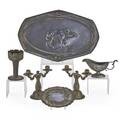 Art nouveau pewter six items ca 1900 pair of danish candelabra boar form tray gravy boat with underplate and flower form compote tallest 8