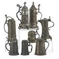 Continental pewter lidded tankards eight with relief decoration 12 liter to 1 liter 19th c tallest 12 12