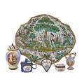 Austrian enameled items six pieces 19th20th c adam and eve oval bowl potpourri miniature vase two boxes and lidded cup largest 1 12 x 10 34 x 9
