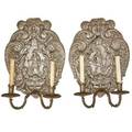 Pair of silvered metal sconces 2light with figural decoration electrified early 20th c 20 x 14 x 8