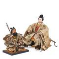 Japanese boys day samurai figures two seated on wood bases 20th c larger 17 12 x 12 x 12