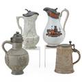 European porcelain steins four with pewter lids 19th c two german stoneware and two english with pouring lips tallest 10 12