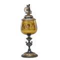 Bohemian glass pokal with a uniformed figure on a bicycle silvered metal top and stem ca 1900 13 34