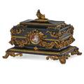 Continental jewelry casket ormolu mounted with handpainted central medallion 19th c 7 12 x 10 12 x 7 12