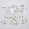 Wallace grande baroque silver flatware service eight piece service for twelve and thirteen serving utensils 12 dinner forks 12 12 forks 7 12 12 cakesalad forks 6 58 12 oval sou