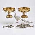 Silver compotes and figural spice containers two lobed silver gilt compotes peacockform spice box neresheimer hanau two articulated fish form spice boxes 10 18 x 9 ca 1900 34 ot